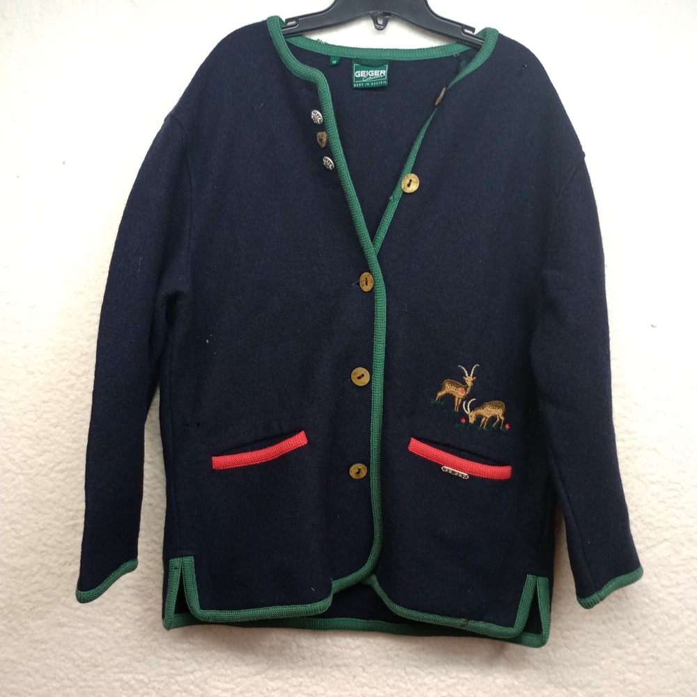 Geiger Collections Austria Boiled Wool Navy Tyrolean Cardigan Jacket Ibex Sz 38
